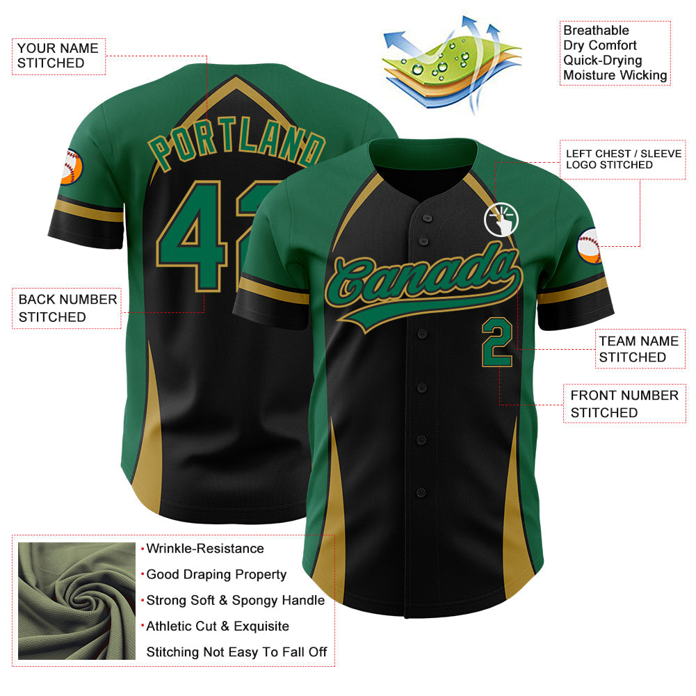 Custom Black Kelly Green-Old Gold 3D Pattern Design Curve Solid Authentic Baseball Jersey - Sky-Custom