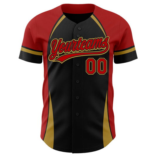 Custom Black Red-Old Gold 3D Pattern Design Curve Solid Authentic Baseball Jersey - Sky-Custom