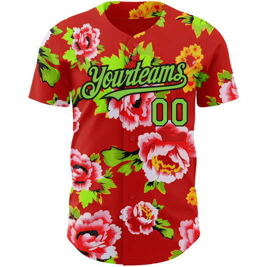 Custom Red Neon Green-Black 3D Pattern Design Northeast China Big Flower Authentic Baseball Jersey - Sky-Custom