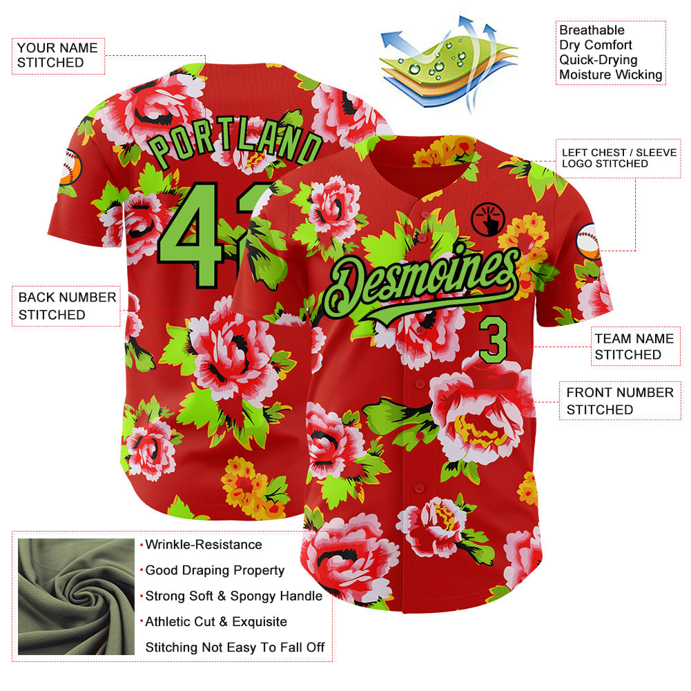 Custom Red Neon Green-Black 3D Pattern Design Northeast China Big Flower Authentic Baseball Jersey - Sky-Custom