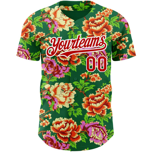 Custom Kelly Green Red-White 3D Pattern Design Northeast China Big Flower Authentic Baseball Jersey - Sky-Custom