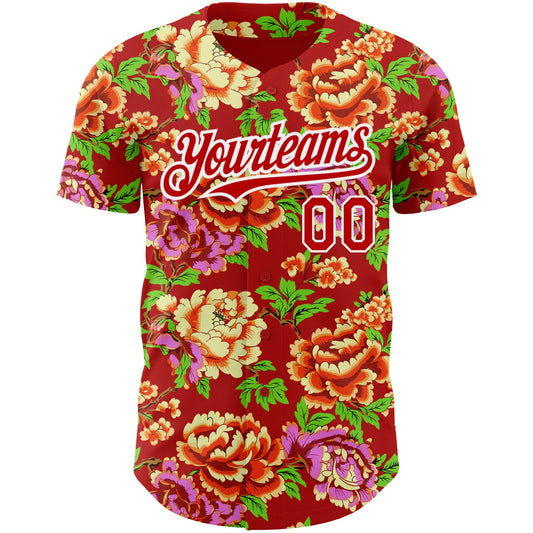 Custom Red White 3D Pattern Design Northeast China Big Flower Authentic Baseball Jersey - Sky-Custom