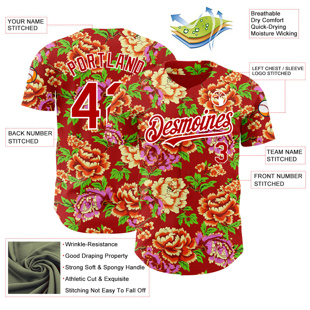 Custom Red White 3D Pattern Design Northeast China Big Flower Authentic Baseball Jersey - Sky-Custom