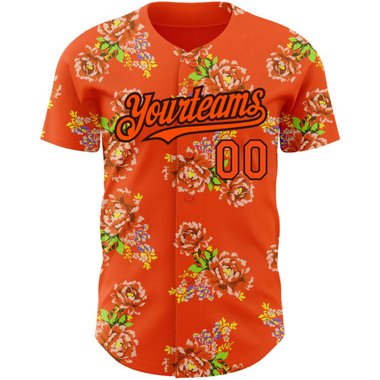 Custom Orange Black 3D Pattern Design Northeast China Big Flower Authentic Baseball Jersey - Sky-Custom