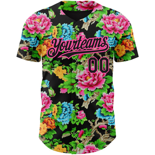 Custom Black Pink 3D Pattern Design Northeast China Big Flower Authentic Baseball Jersey - Sky-Custom