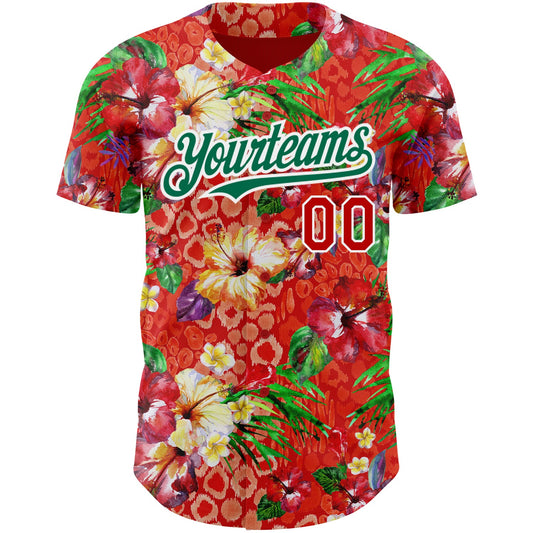 Custom Red Kelly Green-White 3D Pattern Design Northeast China Big Flower Authentic Baseball Jersey - Sky-Custom