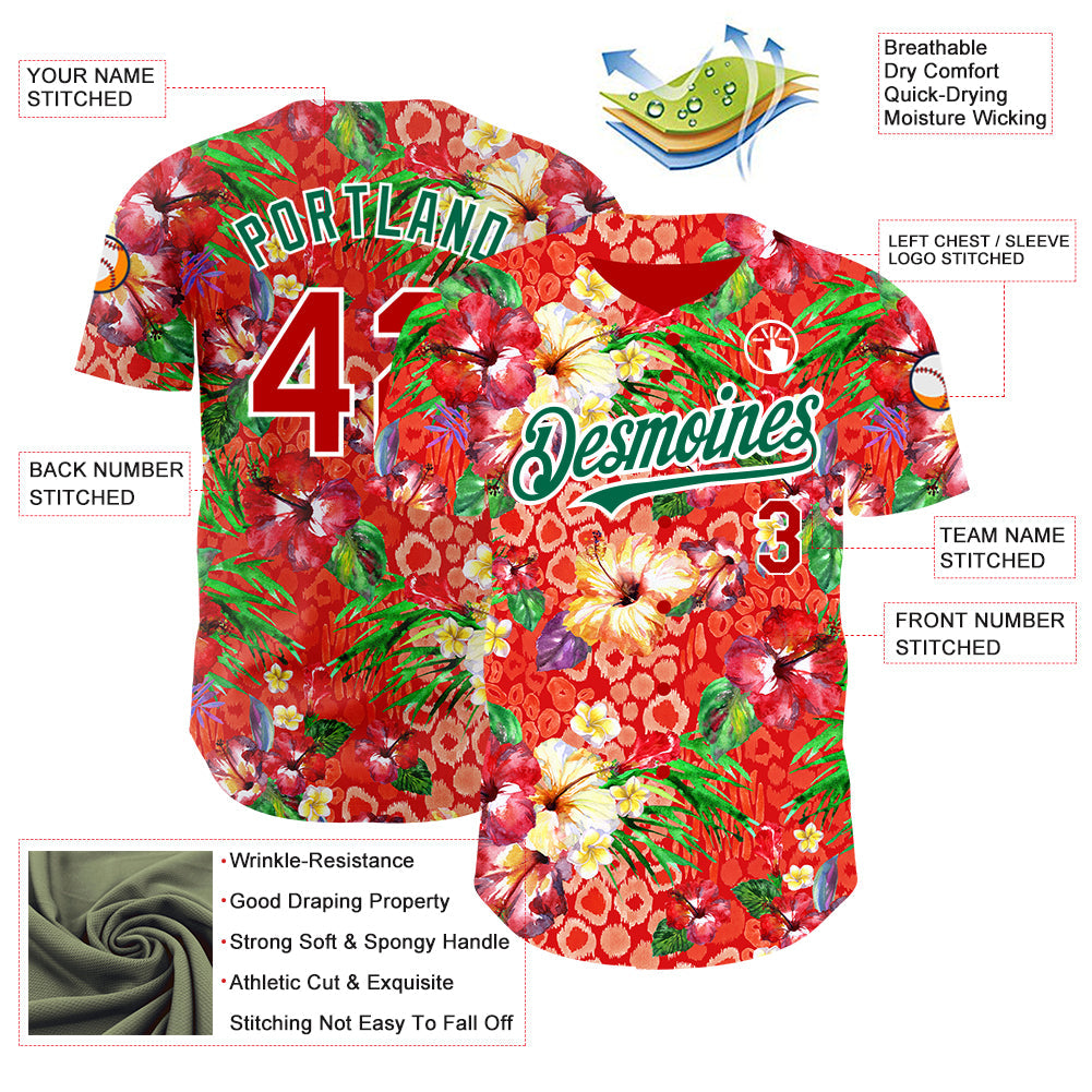 Custom Red Kelly Green-White 3D Pattern Design Northeast China Big Flower Authentic Baseball Jersey - Sky-Custom