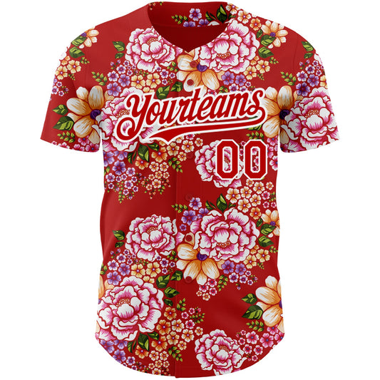 Custom Red White 3D Pattern Design Northeast China Big Flower Authentic Baseball Jersey - Sky-Custom