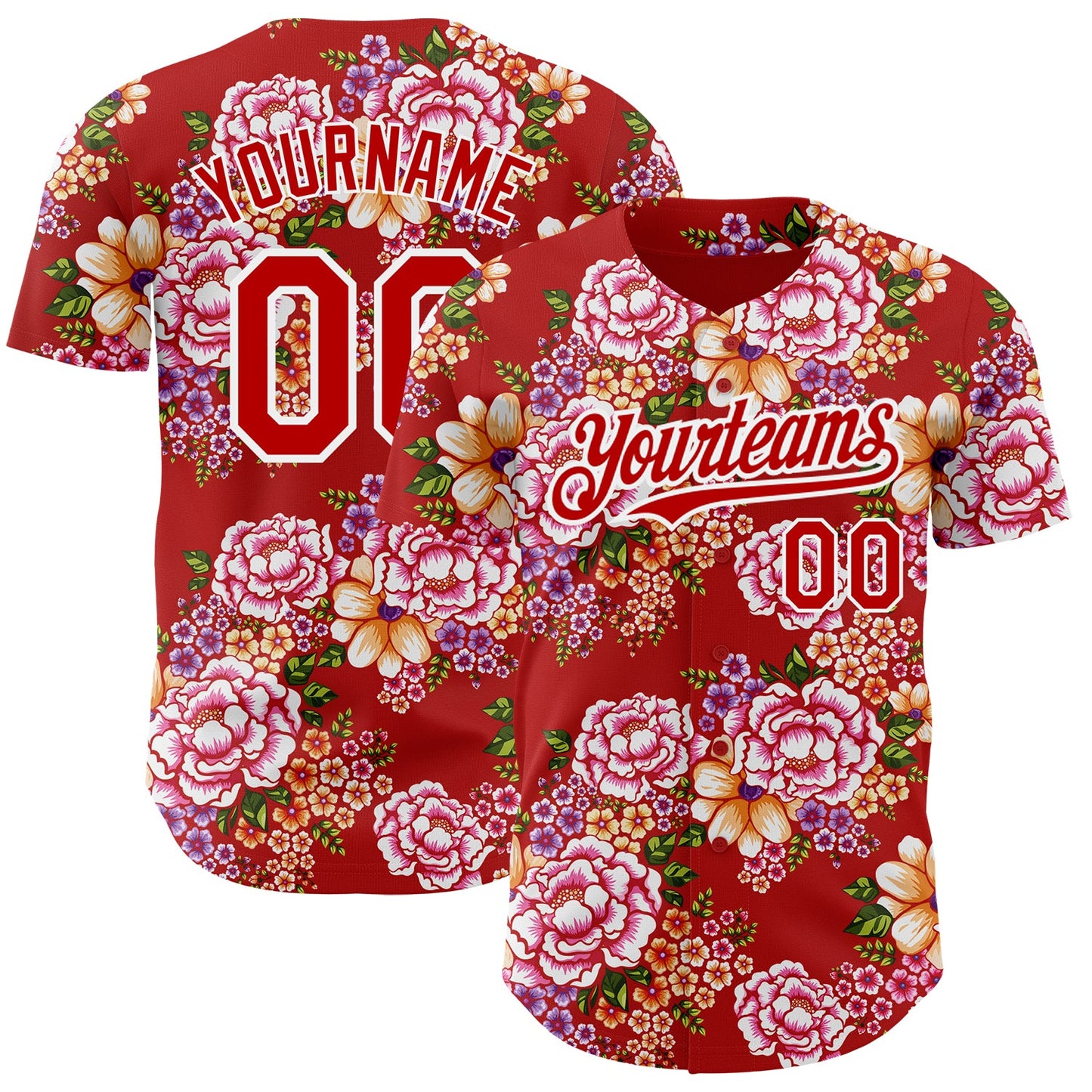 Custom Red White 3D Pattern Design Northeast China Big Flower Authentic Baseball Jersey - Sky-Custom