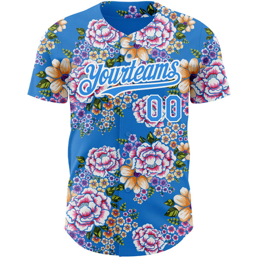 Custom Electric Blue White 3D Pattern Design Northeast China Big Flower Authentic Baseball Jersey - Sky-Custom