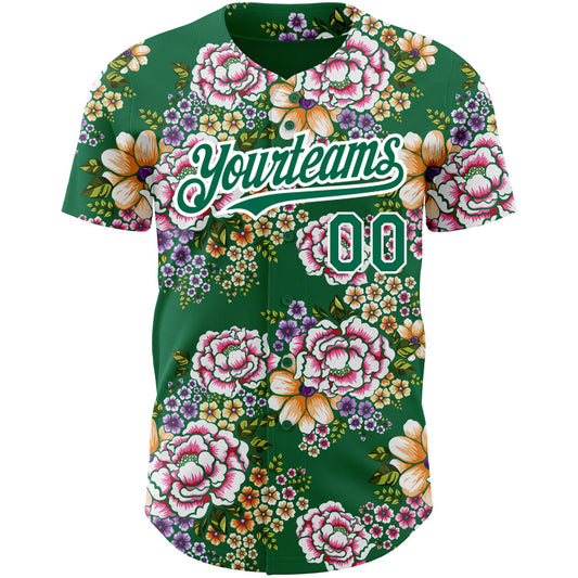 Custom Kelly Green White 3D Pattern Design Northeast China Big Flower Authentic Baseball Jersey - Sky-Custom