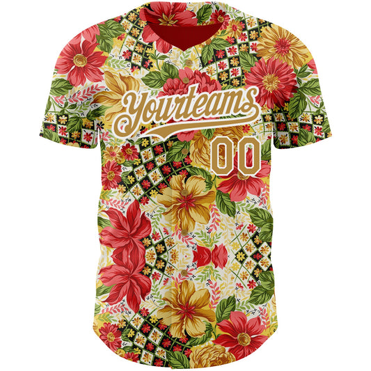 Custom Red Old Gold-White 3D Pattern Design Northeast China Big Flower Authentic Baseball Jersey - Sky-Custom