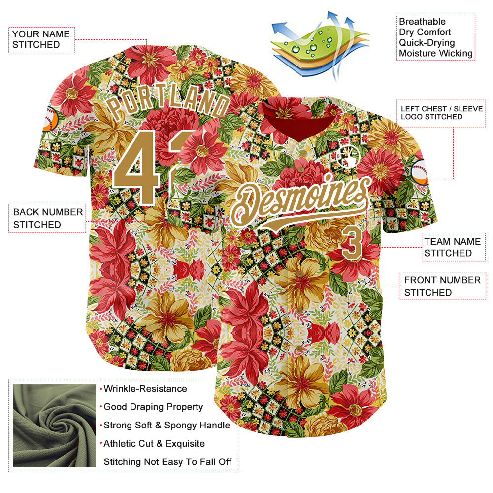 Custom Red Old Gold-White 3D Pattern Design Northeast China Big Flower Authentic Baseball Jersey - Sky-Custom