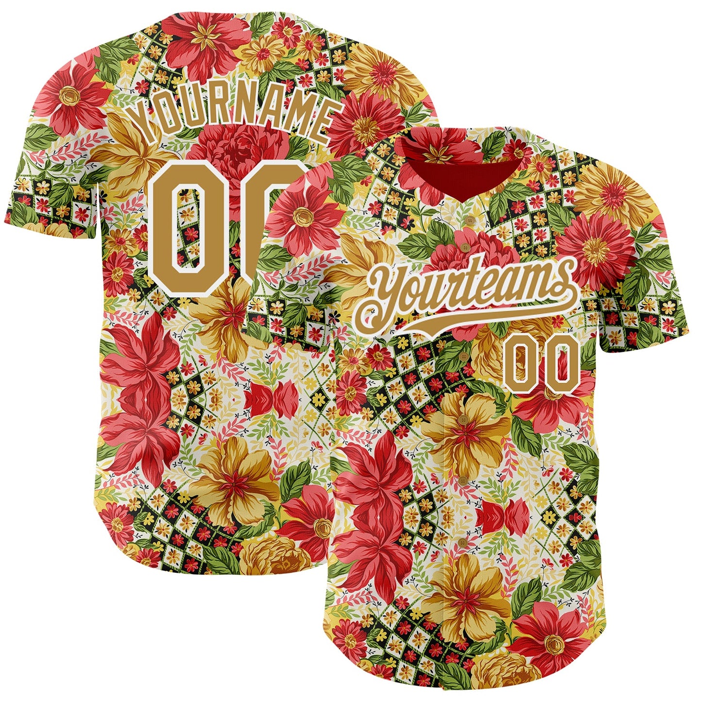 Custom Red Old Gold-White 3D Pattern Design Northeast China Big Flower Authentic Baseball Jersey - Sky-Custom