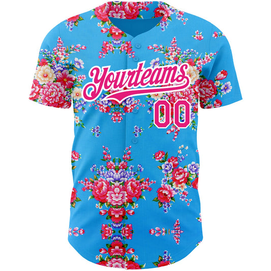 Custom Electric Blue Hot Pink-White 3D Pattern Design Northeast China Big Flower Authentic Baseball Jersey - Sky-Custom