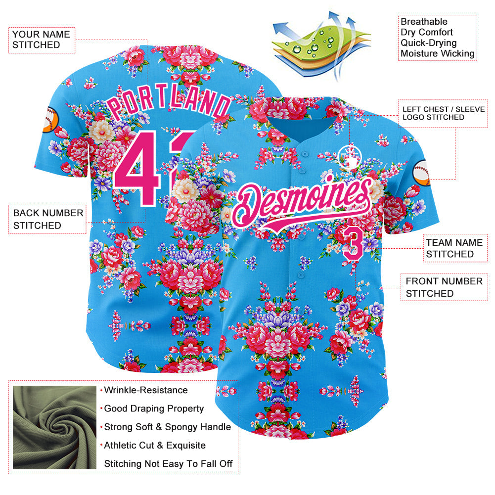 Custom Electric Blue Hot Pink-White 3D Pattern Design Northeast China Big Flower Authentic Baseball Jersey - Sky-Custom