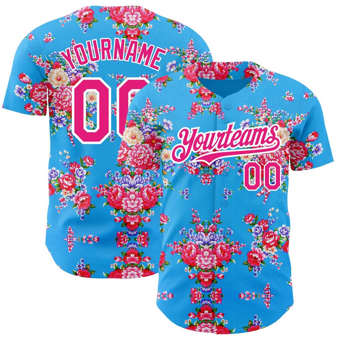 Custom Electric Blue Hot Pink-White 3D Pattern Design Northeast China Big Flower Authentic Baseball Jersey - Sky-Custom