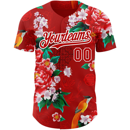 Custom Red White 3D Pattern Design Northeast China Big Flower Authentic Baseball Jersey - Sky-Custom