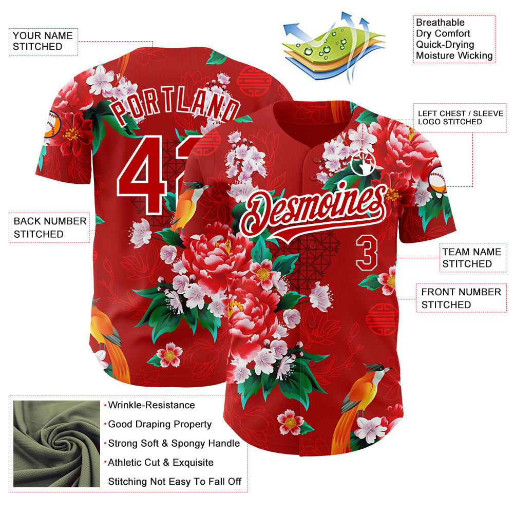Custom Red White 3D Pattern Design Northeast China Big Flower Authentic Baseball Jersey - Sky-Custom