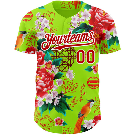 Custom Neon Green Red-White 3D Pattern Design Northeast China Big Flower Authentic Baseball Jersey - Sky-Custom