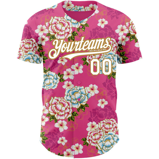 Custom Hot Pink White-Old Gold 3D Pattern Design Northeast China Big Flower Authentic Baseball Jersey - Sky-Custom