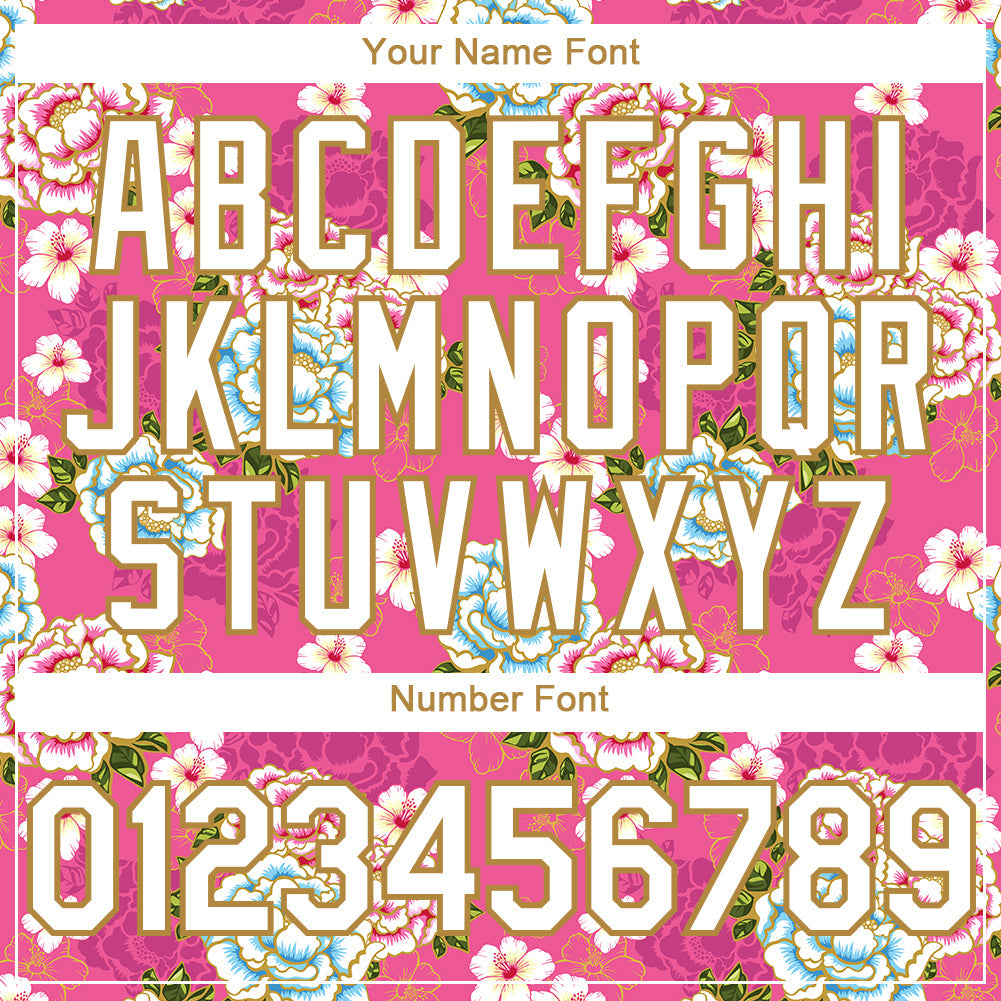 Custom Hot Pink White-Old Gold 3D Pattern Design Northeast China Big Flower Authentic Baseball Jersey - Sky-Custom