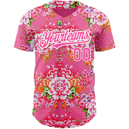 Custom Neon Pink Pink-White 3D Pattern Design Northeast China Big Flower Authentic Baseball Jersey - Sky-Custom