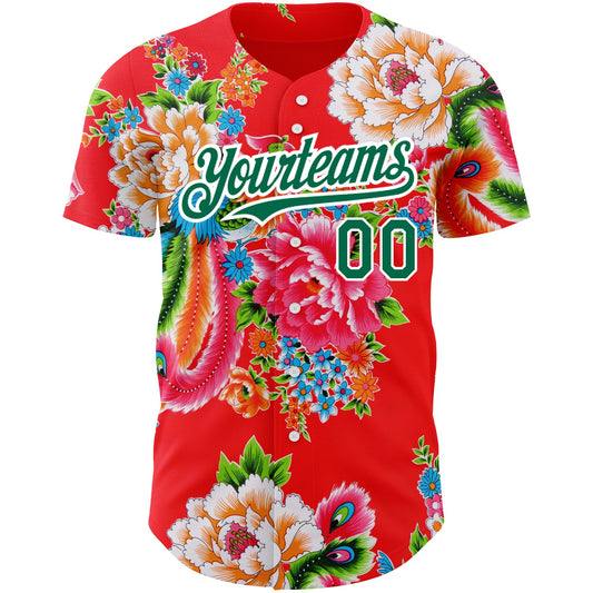 Custom Red Kelly Green-White 3D Pattern Design Northeast China Big Flower Authentic Baseball Jersey - Sky-Custom