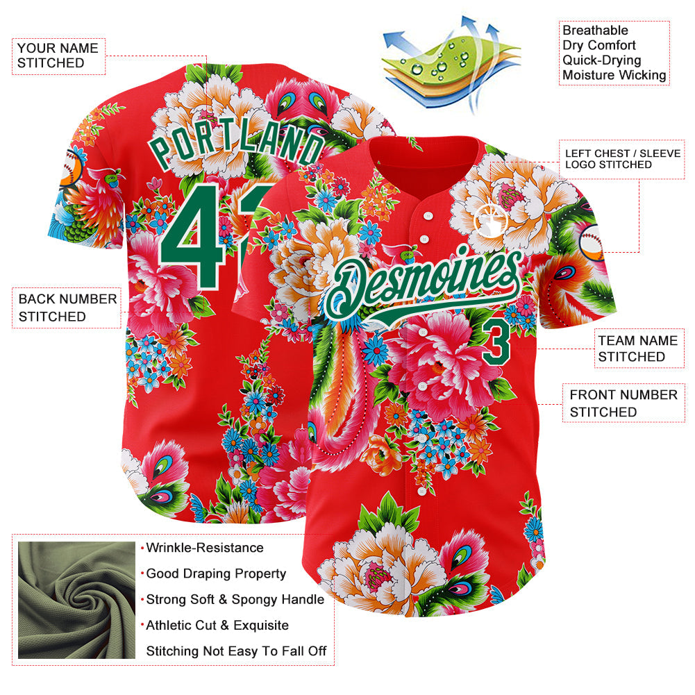 Custom Red Kelly Green-White 3D Pattern Design Northeast China Big Flower Authentic Baseball Jersey - Sky-Custom