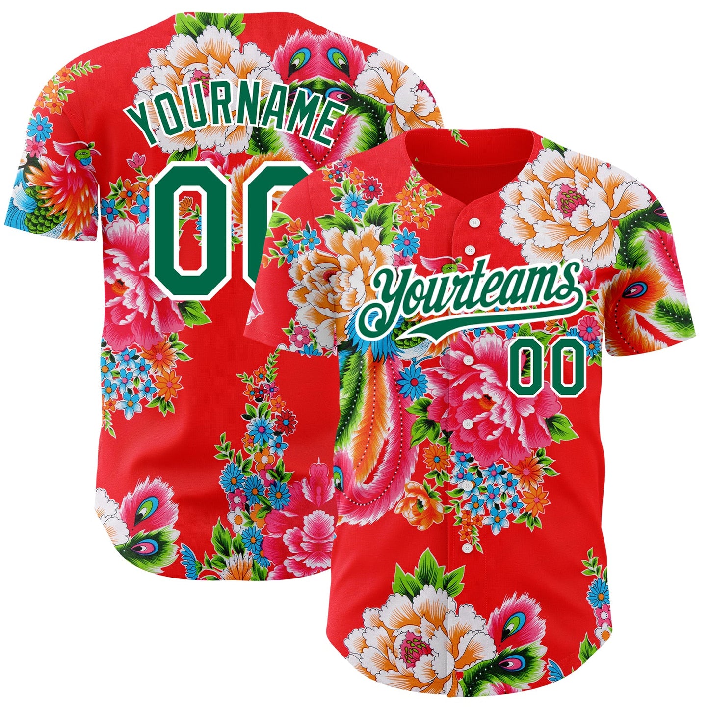 Custom Red Kelly Green-White 3D Pattern Design Northeast China Big Flower Authentic Baseball Jersey - Sky-Custom