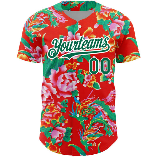 Custom Red Kelly Green-White 3D Pattern Design Northeast China Big Flower Authentic Baseball Jersey - Sky-Custom