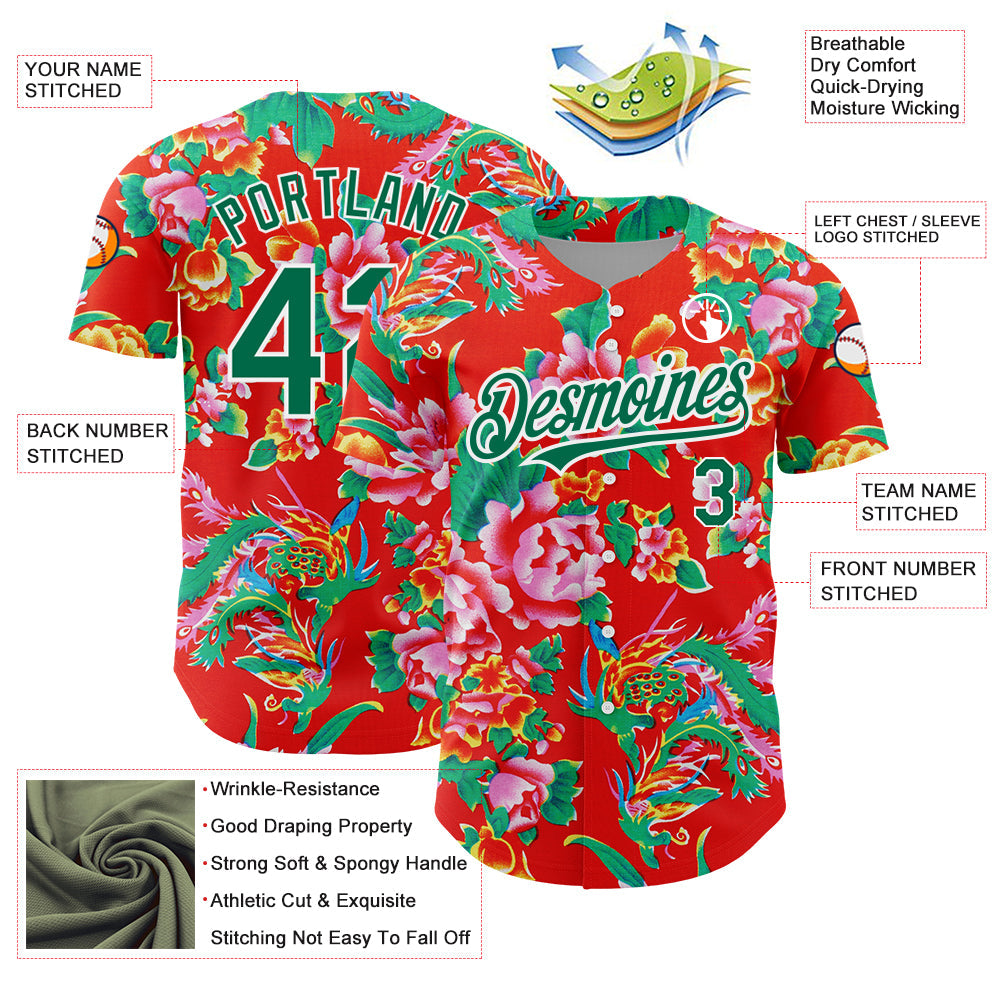 Custom Red Kelly Green-White 3D Pattern Design Northeast China Big Flower Authentic Baseball Jersey - Sky-Custom