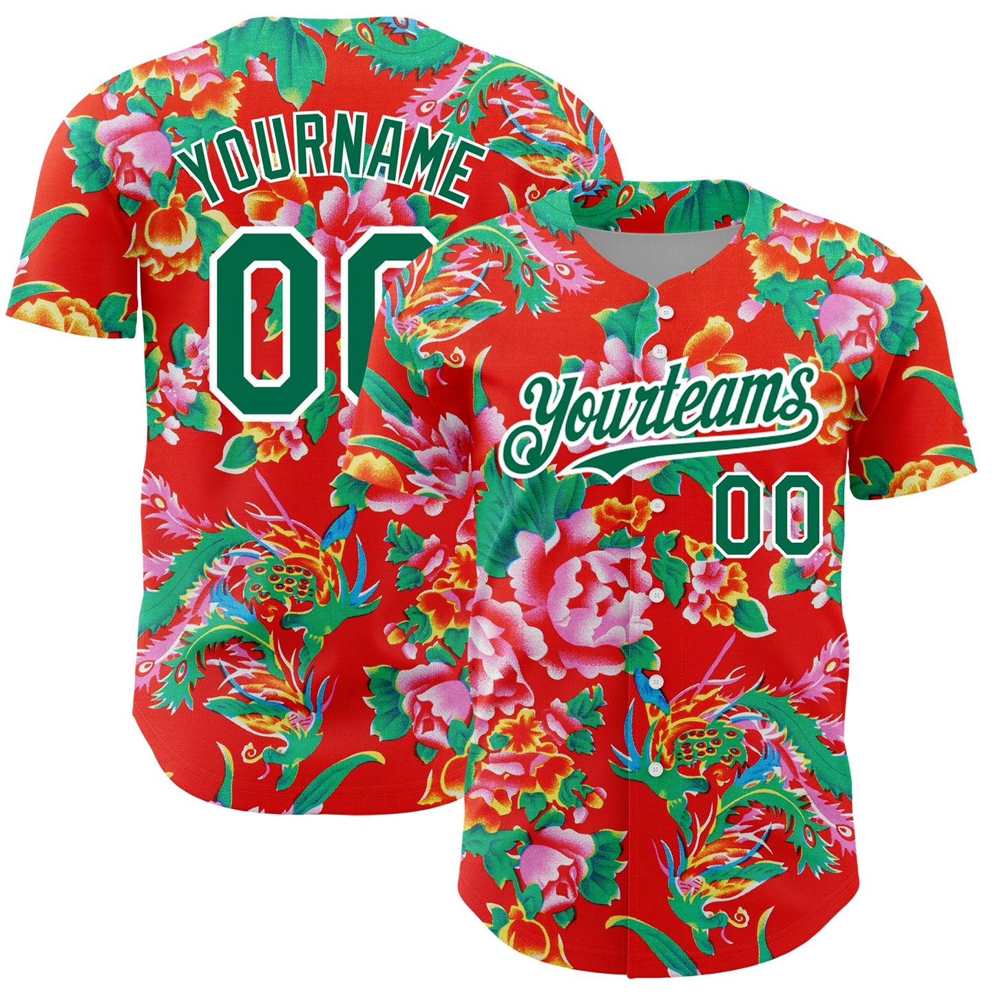 Custom Red Kelly Green-White 3D Pattern Design Northeast China Big Flower Authentic Baseball Jersey - Sky-Custom
