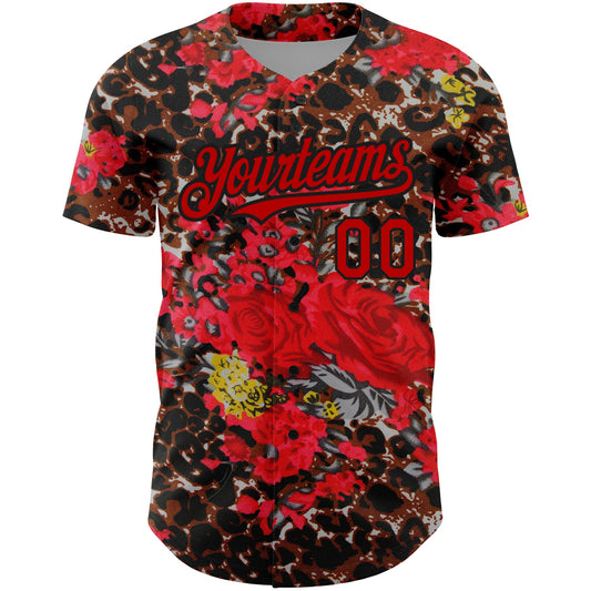 Custom Black Red 3D Pattern Design Northeast China Big Flower And Leopard Print Authentic Baseball Jersey - Sky-Custom