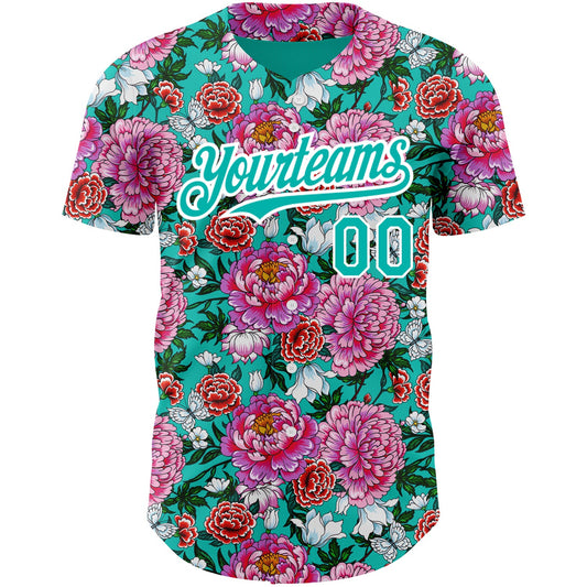 Custom Pink Aqua-White 3D Pattern Design Northeast China Big Flower Authentic Baseball Jersey - Sky-Custom
