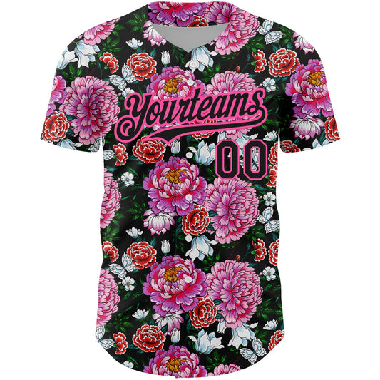 Custom Pink Black 3D Pattern Design Northeast China Big Flower Authentic Baseball Jersey - Sky-Custom