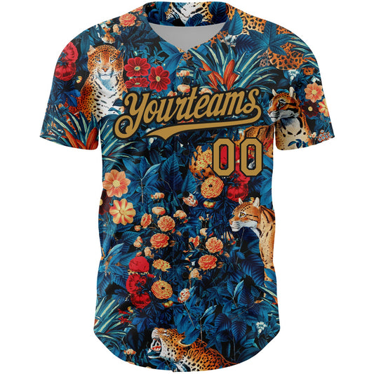 Custom Royal Old Gold-Black 3D Pattern Design Northeast China Big Flower And Leopard Authentic Baseball Jersey - Sky-Custom