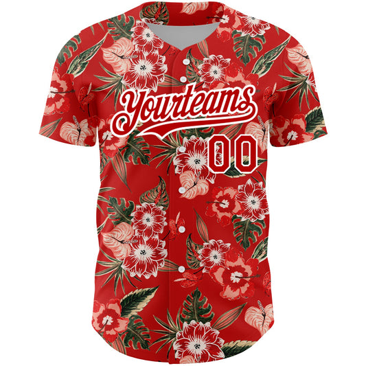 Custom Red White 3D Pattern Design Northeast China Big Flower Authentic Baseball Jersey - Sky-Custom