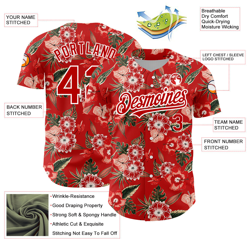 Custom Red White 3D Pattern Design Northeast China Big Flower Authentic Baseball Jersey - Sky-Custom
