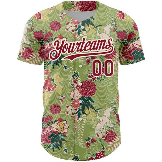 Custom Green Crimson-Cream 3D Pattern Design Northeast China Big Flower And Crane Authentic Baseball Jersey - Sky-Custom