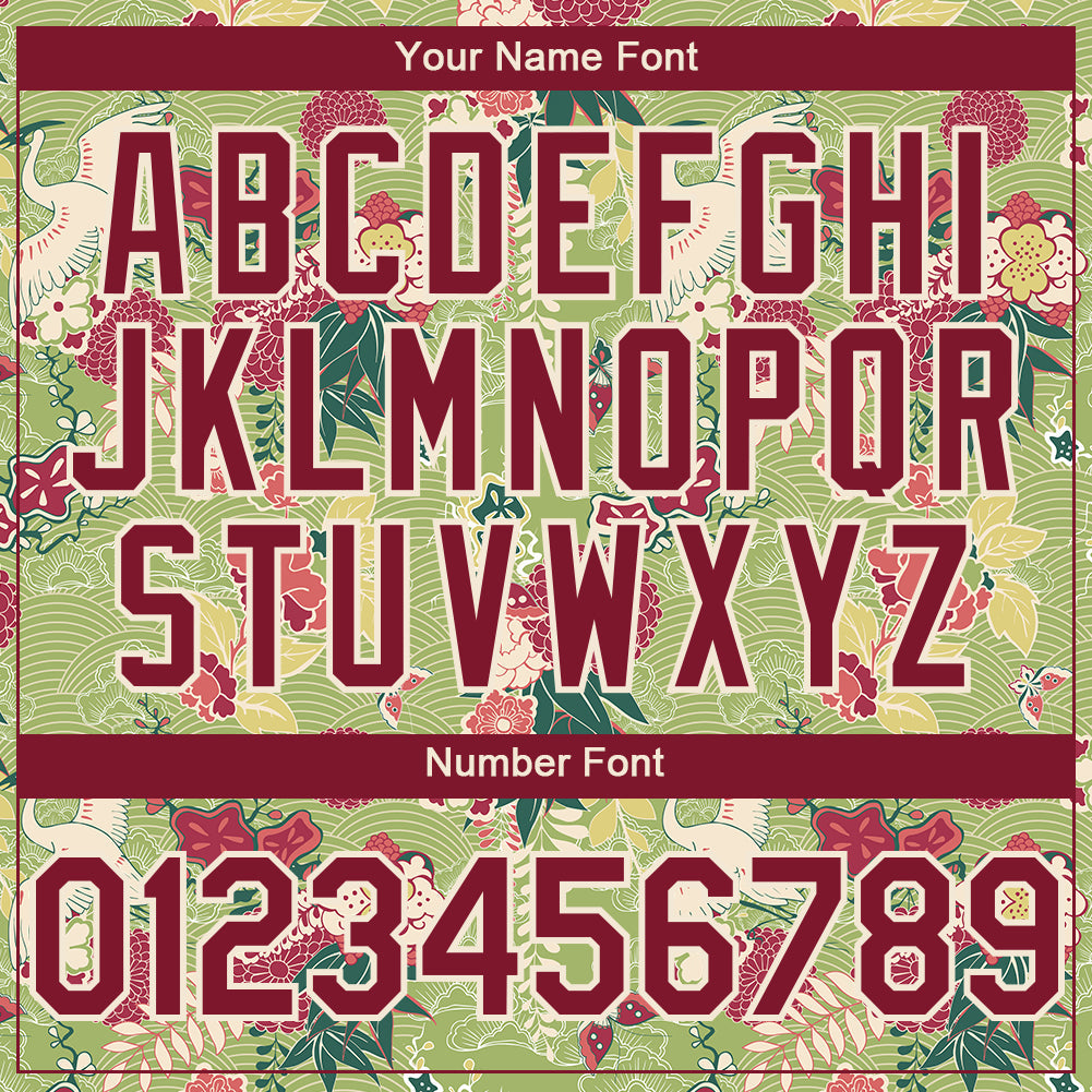 Custom Green Crimson-Cream 3D Pattern Design Northeast China Big Flower And Crane Authentic Baseball Jersey - Sky-Custom