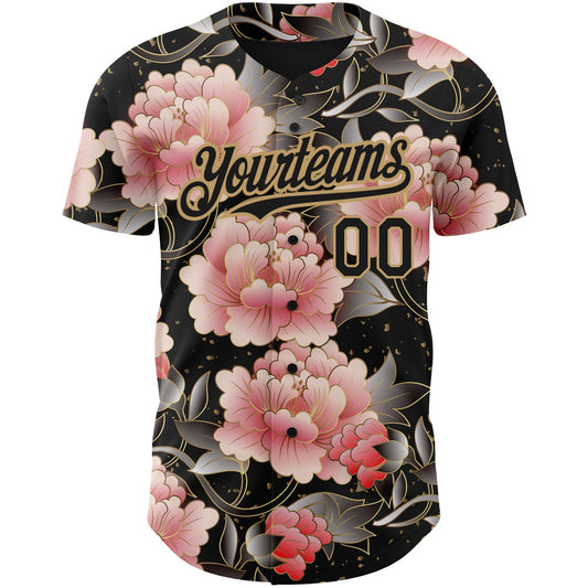 Custom Black Old Gold 3D Pattern Design Northeast China Big Flower Authentic Baseball Jersey - Sky-Custom
