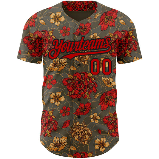 Custom Olive Red-Black 3D Pattern Design Northeast China Big Flower Authentic Baseball Jersey - Sky-Custom
