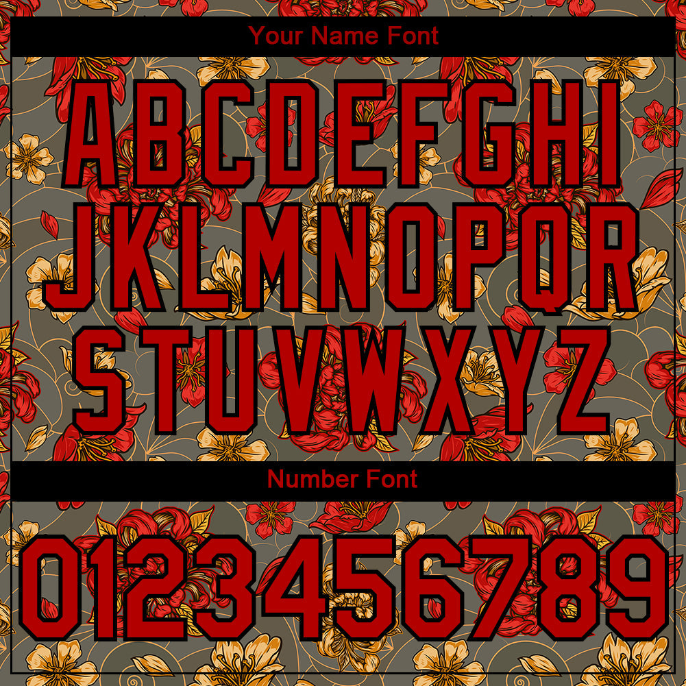 Custom Olive Red-Black 3D Pattern Design Northeast China Big Flower Authentic Baseball Jersey - Sky-Custom