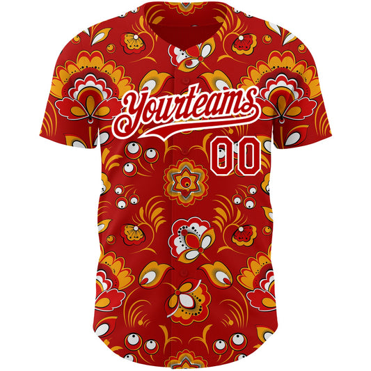 Custom Red White 3D Pattern Design Northeast China Big Flower Authentic Baseball Jersey - Sky-Custom