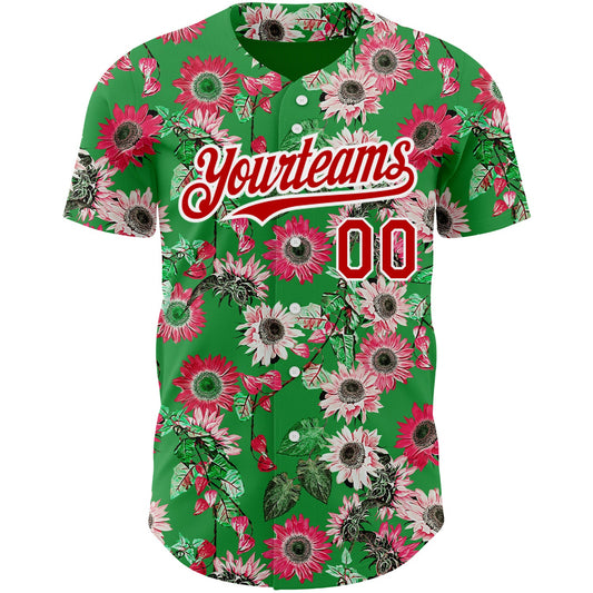 Custom Grass Green Red-White 3D Pattern Design Northeast China Big Flower Authentic Baseball Jersey - Sky-Custom