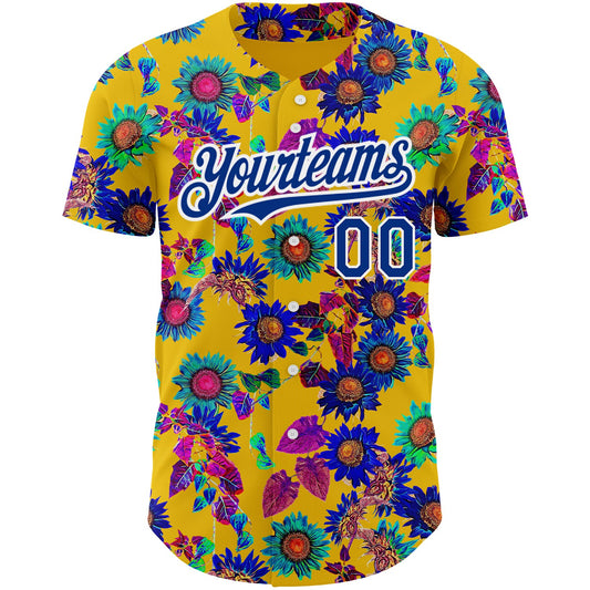 Custom Yellow Royal-White 3D Pattern Design Northeast China Big Flower Authentic Baseball Jersey - Sky-Custom
