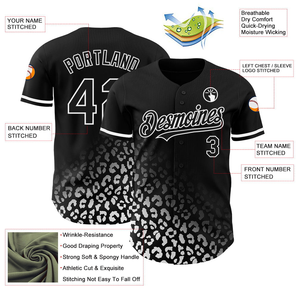 Custom Black White 3D Pattern Design Leopard Print Fade Fashion Authentic Baseball Jersey - Sky-Custom