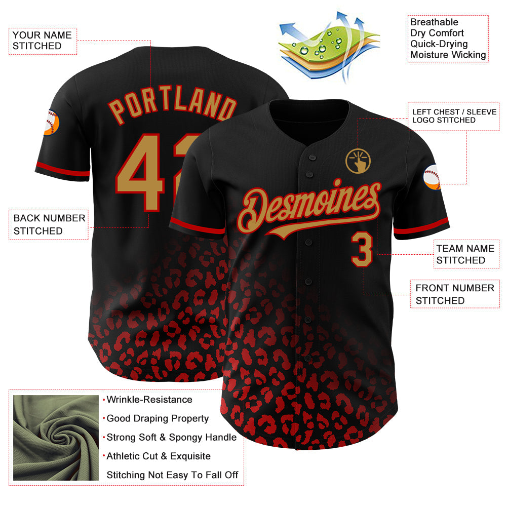 Custom Black Old Gold-Red 3D Pattern Design Leopard Print Fade Fashion Authentic Baseball Jersey - Sky-Custom