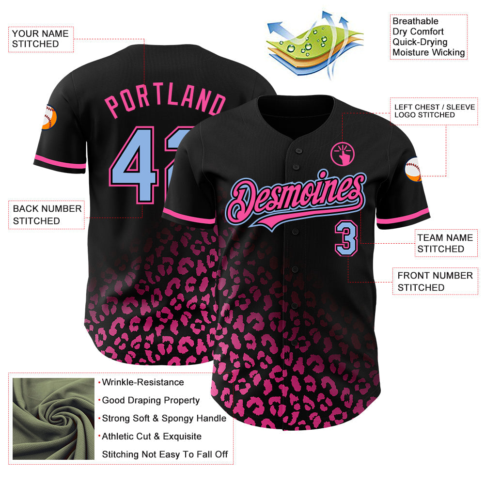 Custom Black Light Blue-Pink 3D Pattern Design Leopard Print Fade Fashion Authentic Baseball Jersey - Sky-Custom